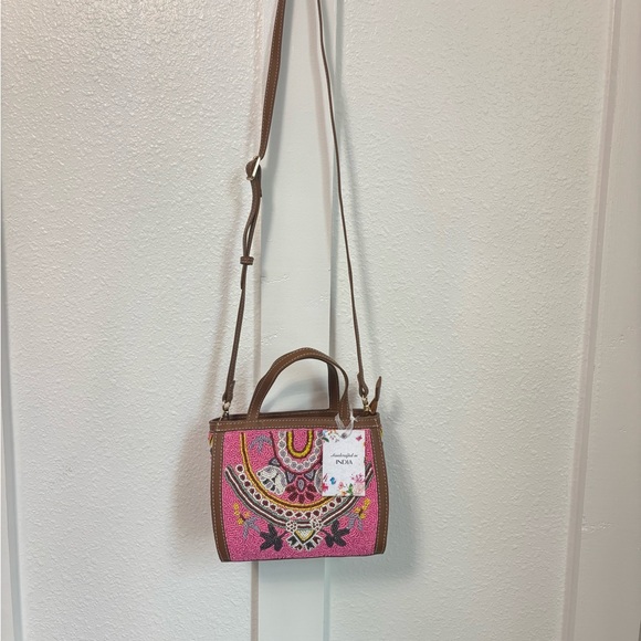 NWT Anthropologie Crossbody Bag Pink and Brown with Boho Embroidery - Picture 8 of 11